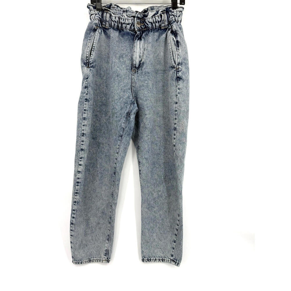 Zara Womens Elastic Paper Bag Waist Barrel Leg Jeans Size 6 Hise Rise Baggy